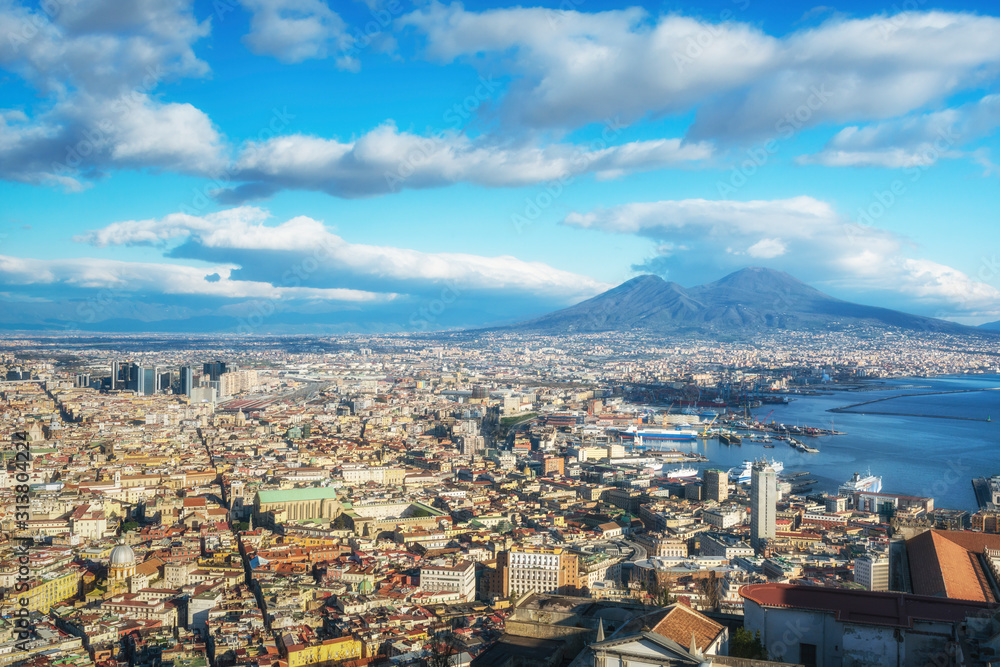 Aerial view of Naples and Mount Vesuvius from Castle Sant Elmo, Naples bay (Napoli bay), Italy