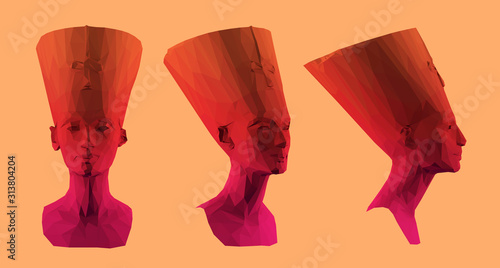 Cool Egyptian Queen Nefertiti. Set of Gradient Cleopatra Sculptures on Dark Background. Low Poly Vector 3D Rendering
