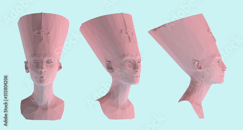 Pastel Egyptian Queen Nefertiti. Set of Pink Cleopatra Sculptures on Pastel Blue Background. Low Poly Vector 3D Rendering