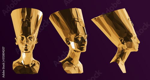 Gold Egyptian Queen Nefertiti. Shiny Metallic Set of Golden Cleopatra Sculptures on Purple Background. Low Poly Vector 3D Rendering