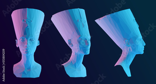 Vibrant Egyptian Queen Nefertiti. Set of Holographic Cleopatra Sculptures on Isolated Background. Low Poly Vector 3D Rendering