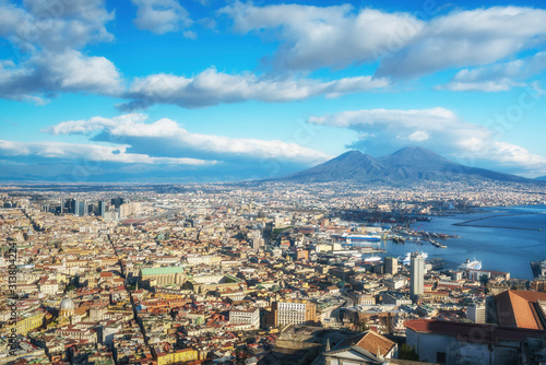 Aerial view of Naples and Mount Vesuvius from Castle Sant Elmo, Naples bay (Napoli bay), Italy