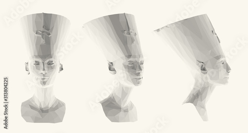 Light Egyptian Queen Nefertiti. Set of Isolated White Cleopatra Sculptures on White Background. Low Poly Vector 3D Rendering