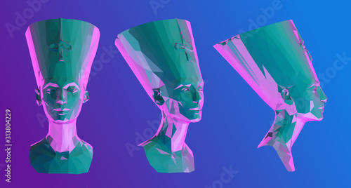 Vaporwave Egyptian Queen Nefertiti. Set of Psychedelic Cleopatra Sculptures on Retro Background. Low Poly Vector 3D Rendering