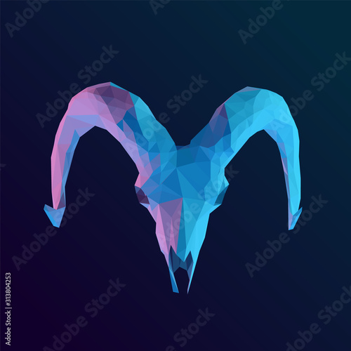Holographic Ram Skull on Isolated Background. Vibrant Low Poly Vector 3D Rendering