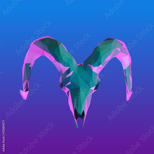 Psychedelic Vaporwave Ram Skull on Retro Background. Low Poly Vector 3D Rendering