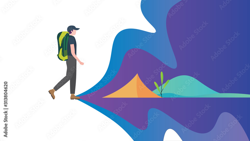 Man with backpack, traveller or explorer standing looking on valley. Concept of discovery, exploration, hiking, adventure tourism and travel. Flat vector illustration.