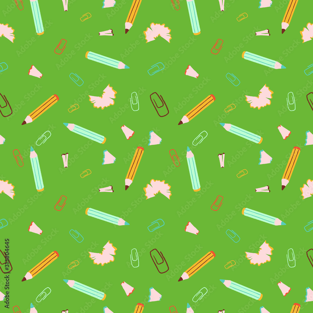 Stationery icons seamless pattern. Included the icons as color pencils, paper clips. Stationery icons seamless pattern. Included the icons as color pencils, paper clips.