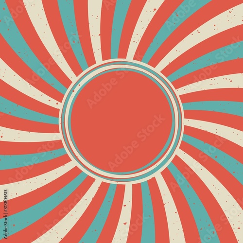 Sunlight retro faded grunge background with vintage frame for text. red and blue color burst background.