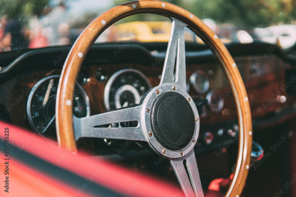 Wooden steering wheel, vintage car