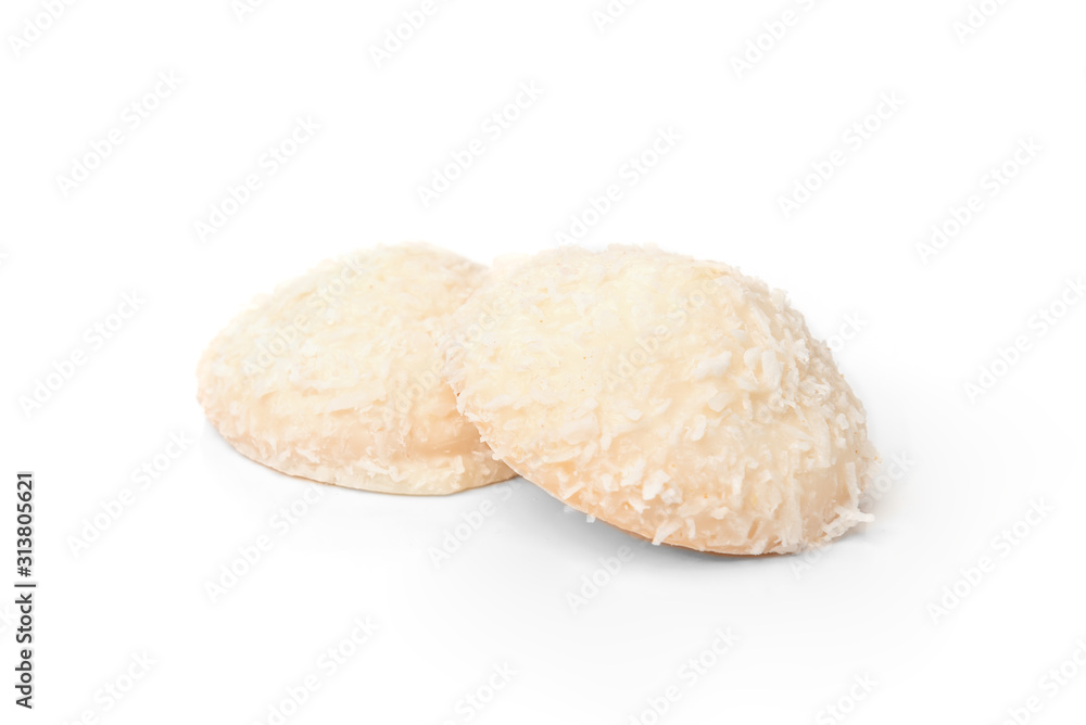 Biscuit cookies with coconut filling isolated on white background. Biscuit cookies with coconut filling isolated on white background.