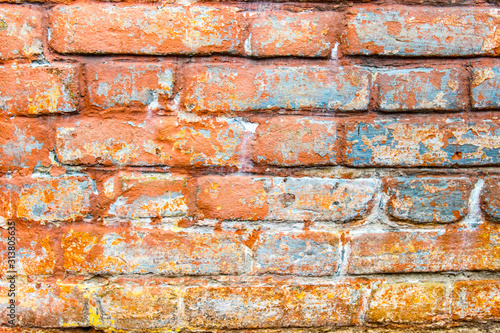 Rough vintage wall with white and red bricks background. Old brick wall texture