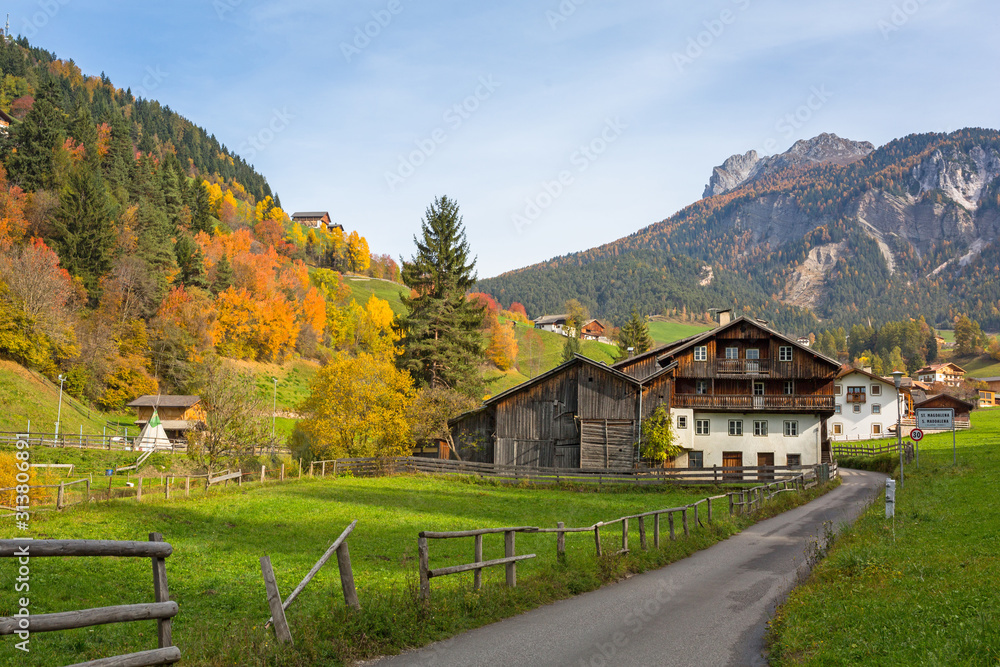 Idyllic scenery of the Santa Maddalena village in South Tyrol at autumn. Italy