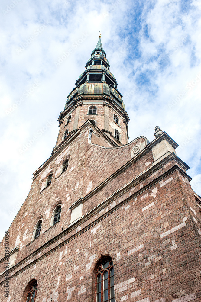tower of a medieval gothic church, St. Peter's Basilica, Riga, Latvia