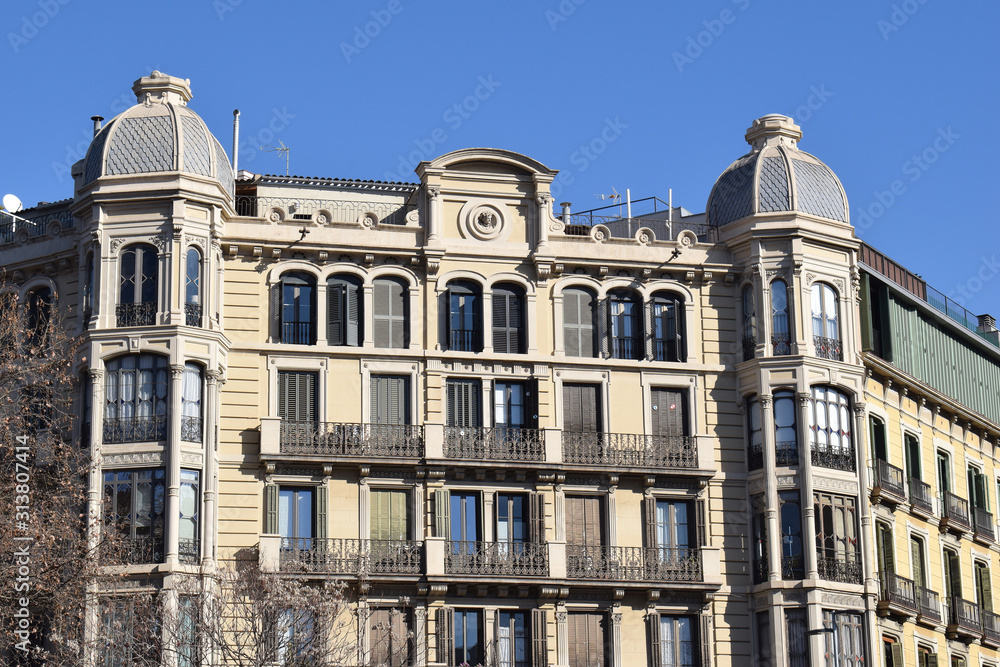 Fototapeta premium Corner Towers & Balconies of Stone Apartment Building 