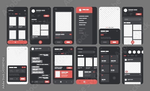 UI elements for mobile app concept. Use for social media, online store, hotel reservation. Wireframes screens. Flowchart.