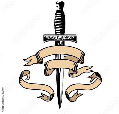 Dagger and Banner drawn in a Gothic style