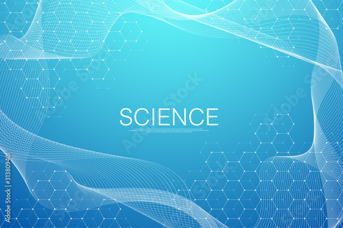 Hexagons abstract background with geometric particles shapes. Science, technology and medical concept. Graphic futuristic background wave flow hex for your design. Vector illustration banner