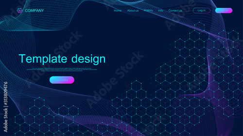 Website template design. Asbtract scientific background with colorful dynamic waves, hexagonal innovation pattern. Modern landing page for websites or apps. Vector illustration.