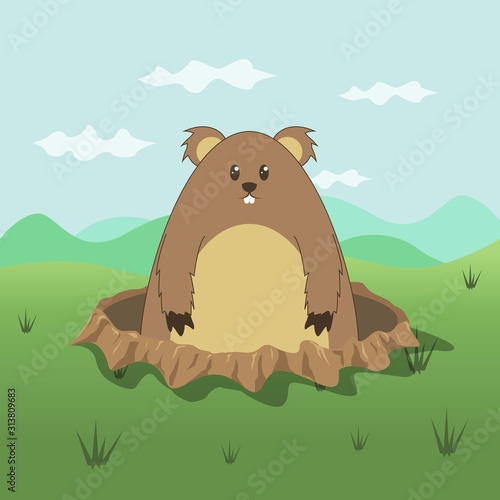 Cute Groundhog Illustration, Happy Groundhog Day