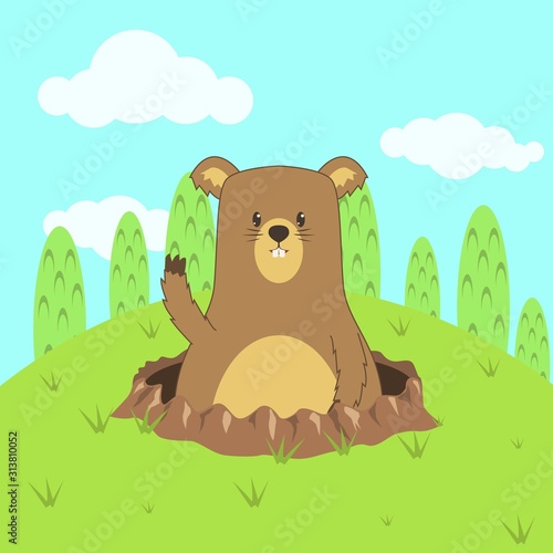 Cute Groundhog Illustration, Happy Groundhog Day