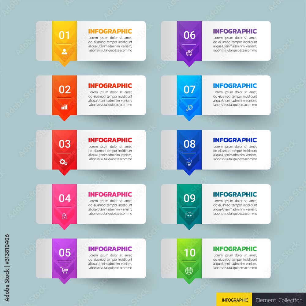 Infographics design template, 3D Business concept with 10 steps or options, can be used for workflow layout, diagram, annual report, web design.Creative banner, label vector.