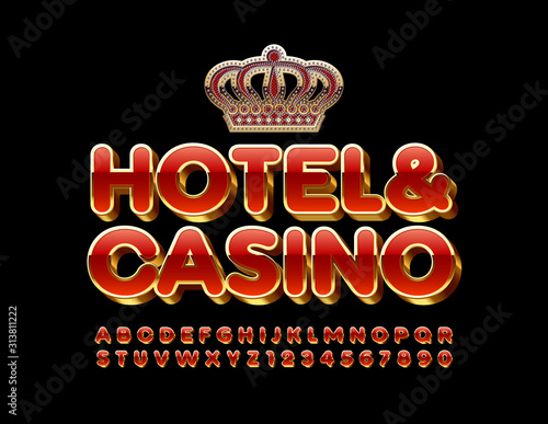 Vector royal emblem Hotel & Casino. Red and Golden Alphabet Letters and Numbers. Shiny luxury Font