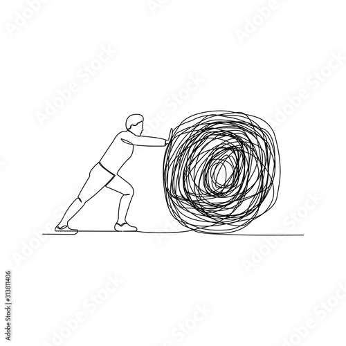 continuous line drawing of business man push stone vector illustration