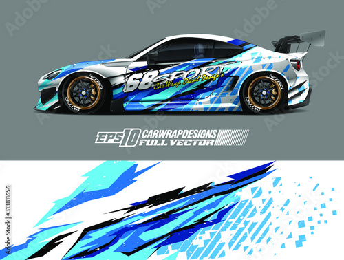 Rally car graphic livery design vector. Graphic abstract stripe racing background designs for wrap cargo van, race car, pickup truck, adventure vehicle. Eps 10