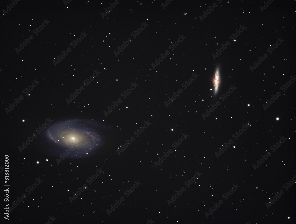 Bode's Galaxy M81,M82 in Ursa Major constellation ,Open Cluster, stars and space dust in the universe and Milky way taken by dedicated astrophotography camera on telescope.
