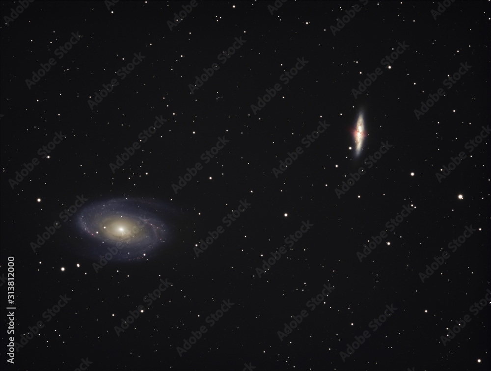 Fototapeta premium Bode's Galaxy M81,M82 in Ursa Major constellation ,Open Cluster, stars and space dust in the universe and Milky way taken by dedicated astrophotography camera on telescope.
