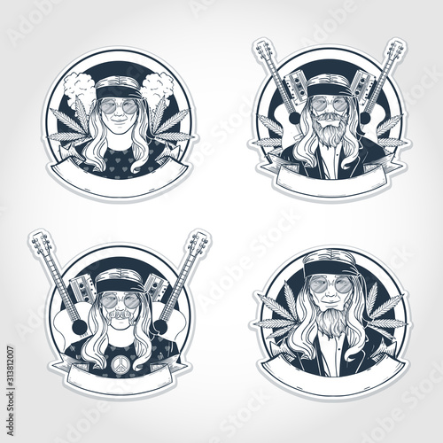 Hand drawn sketch hippie men
