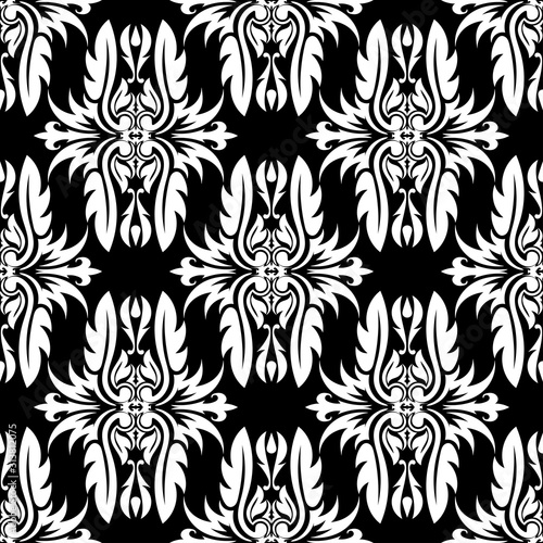 Floral seamless pattern. Black and white dark background