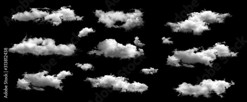Set of white clouds isolated on black background.