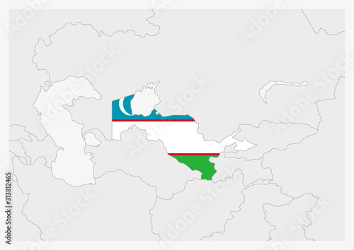 Uzbekistan map highlighted in Uzbekistan flag colors