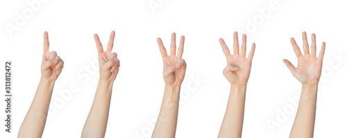 Caucasian female hand gesture counting from one to five isolated on white background.
