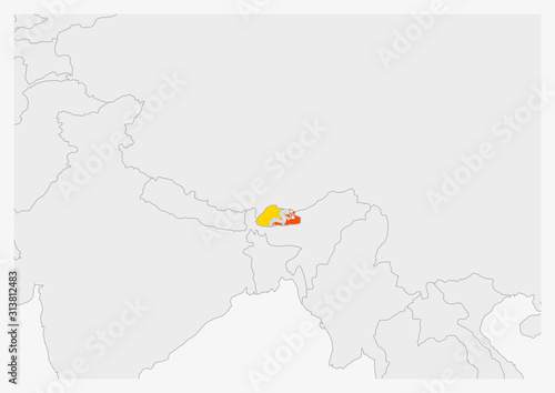 Bhutan map highlighted in Bhutan flag colors