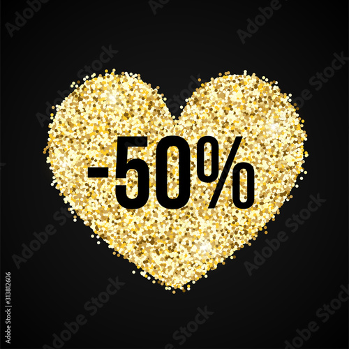 Sale banner 50 percent off with glossy glitter sparkles heart shape on black background. Vector illustration design template for flyer, shopping, valentine discount, web, tag, sale, shop, sticker