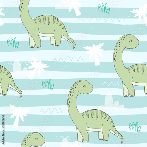 Cute seamless pattern with funny dinosaurs. vector illustration.