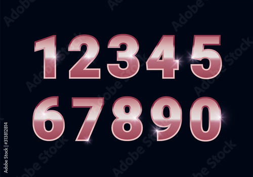 Rose gold shiny numbers set, metal font signs isolated on black background. Luxury fashion pink typography design for decoration, web, design, advert. Vector illustration