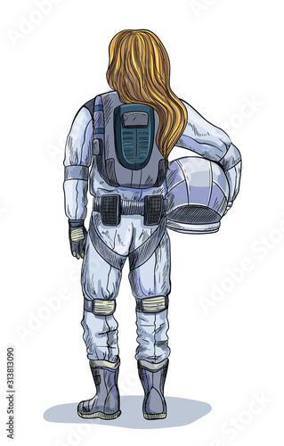 Female astronaut with helmet in hand, back view