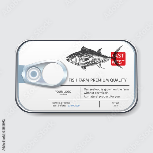 Packaging for seafood. Label for boxing natural products. Tuna.