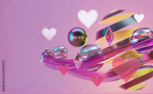 Group of Abstract Heart and Objects is Floating On Soft Pink Studio Light Background with Copy Space and Soft Focus, 3D render.