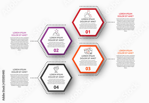 Vector infographic with 4 hexagons. Used for four diagrams, graph, flowchart, timeline, marketing, presentation. Creative business concept step by step