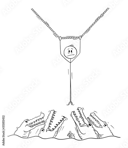 Vector cartoon stick figure drawing conceptual illustration of man or businessman hanging on the rope above water full of crocodiles. Business concept of crisis.