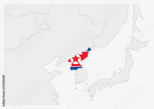 North Korea map highlighted in North Korea flag colors