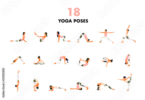  Set of Tiny women performing yoga poses. Women practicing asanas and pelvic floor exercises. Flat cartoon vector illustration isolated on white background. 