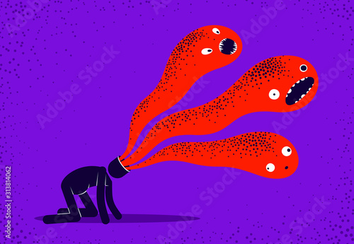 Psychical problems such as phobia psychosis schizophrenia hallucinations vector concept illustration in flat trendy style, psychiatry and psychology allegory, man with monster from his head.