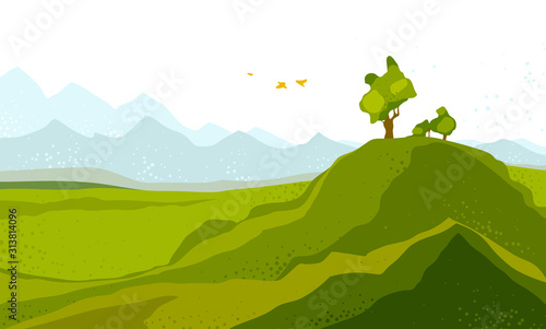 Beautiful scenic nature landscape vector illustration summer or spring season with grasslands meadows hills and mountains, hiking traveling trip to the countryside concept.