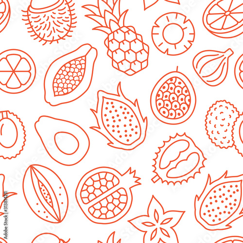 Exotic fruits background, abstract food seamless pattern. Tropical fruit wallpaper with papaya, pineapple, fig, pomegranate pitahaya line icons. Vegetarian grocery vector illustration red white color